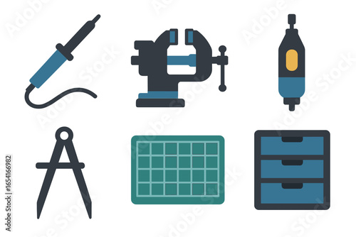 Workshop tools and equipment collection with soldering iron, vise, compass, and drawers, featuring a glowing effect on dark background