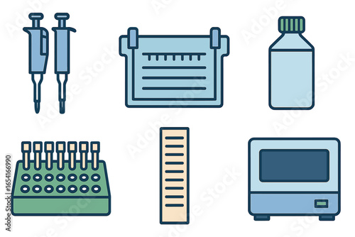 Modern laboratory equipment and supplies, including pipettes, test tubes, and beaker, in a clean graphic style