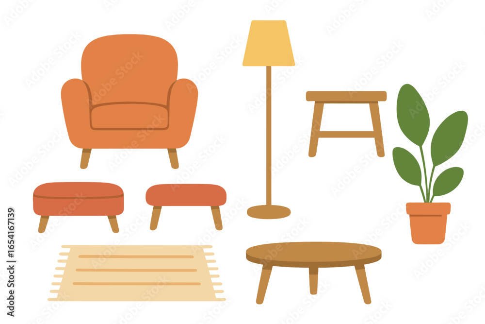 Fototapeta premium Cozy living room furniture arrangement with glowing armchair, ottomans, rug, lamp, side table, coffee table, and potted plant