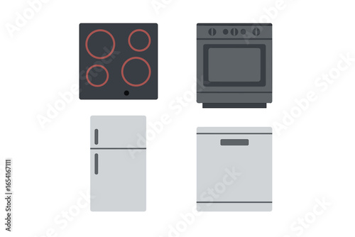 Modern kitchen appliances collection: stove, oven, refrigerator, dishwasher in minimalist style with glowing effects
