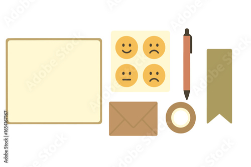 Flat design elements: open notebook, feedback emojis, envelope, pen, and bookmark on dark background with glowing effects