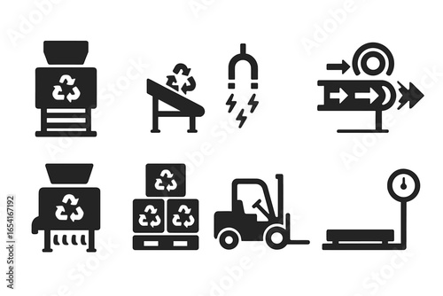 Industrial Recycling and Material Handling Icons: Shredder, Conveyor, Magnet, Forklift, Scale