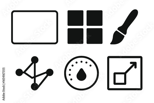 Dark UI icons for digital tools and functions like screen, grid, paintbrush, network, gauge, and zoom