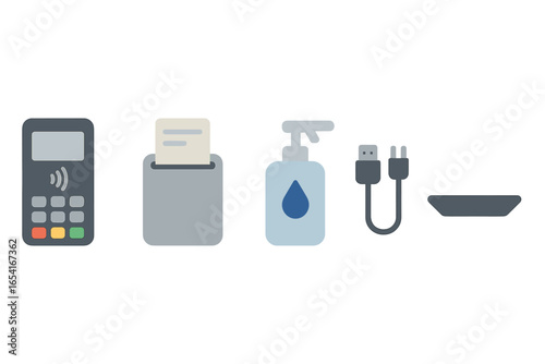 Electronic devices and hygiene essentials like payment terminal, receipt printer, sanitizer, and USB cable on gradient background