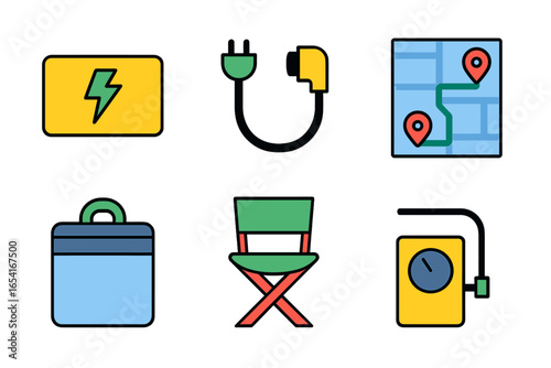 Collection of flat icons representing travel and energy concepts, including a lightning bolt, electrical plug, map with pins, cooler, folding chair, and tire pressure gauge
