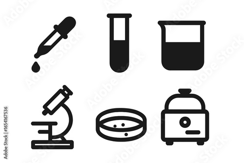 Modern laboratory equipment icons: pipette, test tube, beaker, microscope, petri dish, incubator for science and research