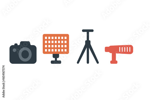 Photography and videography equipment icons: camera, LED light, tripod, microphone on gradient background