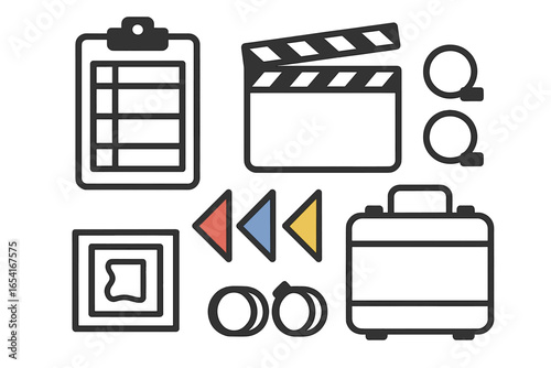 Film production and editing icons: clapperboard, clipboard, rewind, film reels, briefcase on dark background