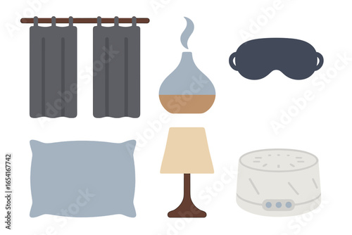 Cozy bedroom essentials for restful sleep, including pillow, curtains, bedside lamp, aroma diffuser, sleep mask, and sound machine