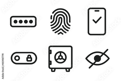 Digital security and privacy icons: fingerprint, password, safe, eye with slash on dark background