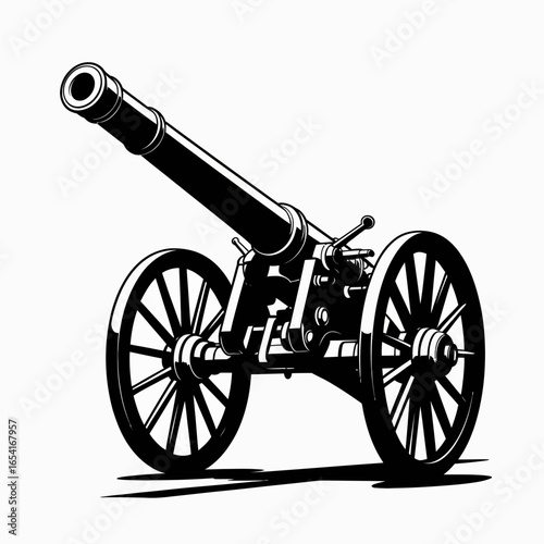Black and White Illustration of a Classic Cannon with Detailed Mechanical Components for Historical or Military Themes