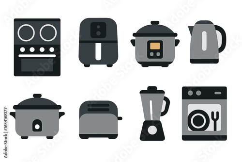 Modern kitchen appliances collection: stove, air fryer, pressure cooker, kettle, rice cooker, toaster, blender, dishwasher in minimalist flat design