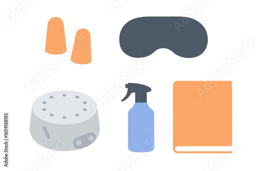 Relaxation and sleep essentials: earplugs, sleep mask, sound machine, spray, and book with a gentle glow