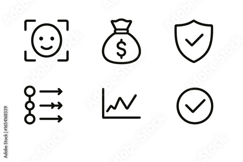 Business and finance icons: face recognition, money bag, shield, process flow, graph, and checkmark on dark background