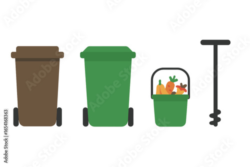 Waste management and recycling concept with compost bucket, organic waste, and soil auger tool