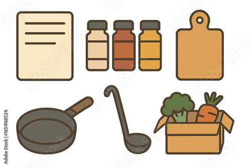 Kitchen utensils and ingredients for cooking, featuring a recipe card, spices, cutting board, frying pan, ladle, and fresh vegetables