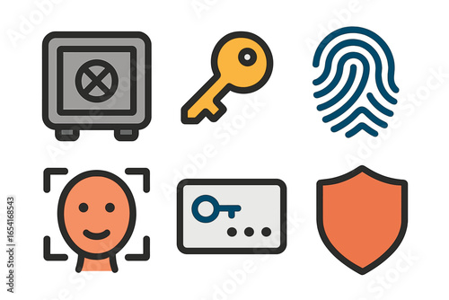 Security and access icons: safe, key, fingerprint, face recognition, password card, and shield on dark background