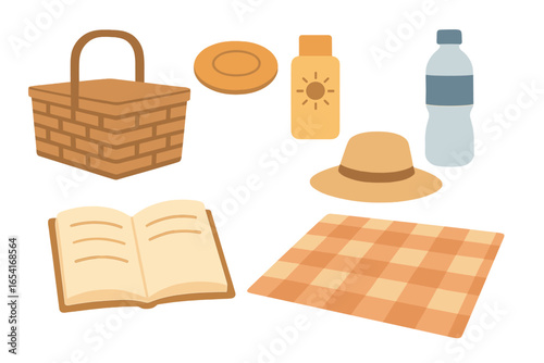 Picnic essentials with glowing effect: basket, book, hat, sunscreen, water bottle, checkered blanket