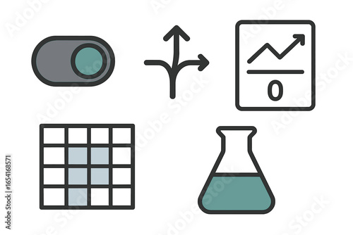 Modern flat icons for switching, branching, data analysis, grid systems, and laboratory experiments