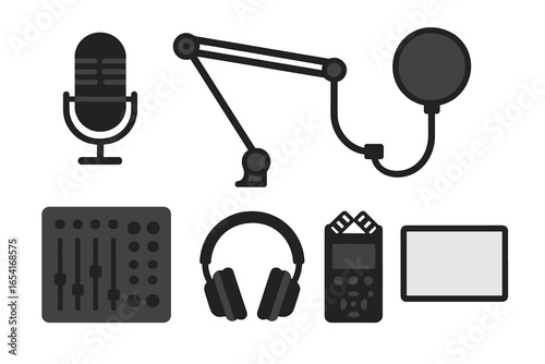 Audio recording equipment icons: microphone, boom arm, pop filter, mixer, headphones, recorder, tablet on dark background