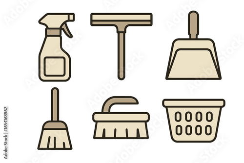 Collection of cleaning tools and supplies, including spray bottle, squeegee, dustpan, broom, brush, and laundry basket, stylized graphic