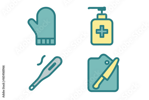 Glowing neon medical and kitchen icons on dark background, symbolizing health, hygiene, and food preparation