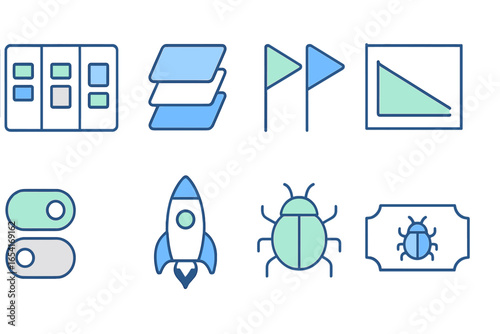 Modern flat icons for project management, charts, rockets, bugs, and more on a dark background