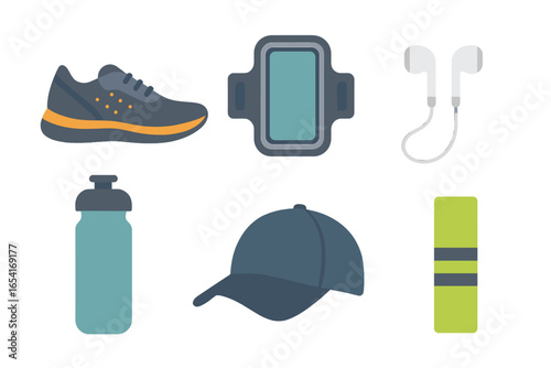 Modern sports and fitness accessories collection with glowing effects: running shoes, water bottle, cap, armband, earphones, yoga mat