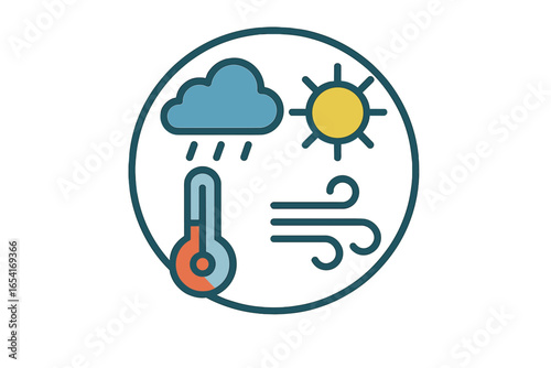 Circular graphic with weather icons: sun, rain cloud, thermometer, and wind on gradient background