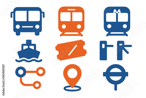 Diverse transportation and navigation icons: bus, train, ferry, ticket, turnstile, map pin, route map on gradient background
