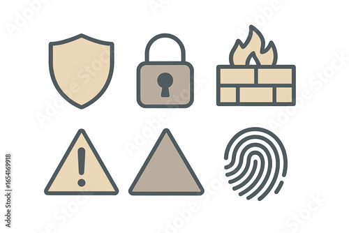 Digital security and protection icons: shield, lock, firewall, warning, fingerprint on dark background