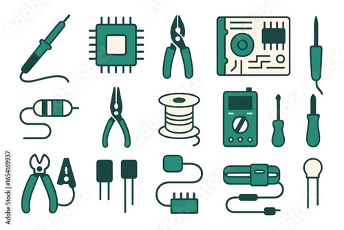 Flat design collection of electronic components and repair tools in teal and white on dark background