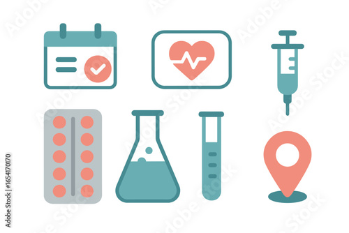 Diverse medical and healthcare icons like calendar, heart rate, syringe, and pills on a vibrant glowing background