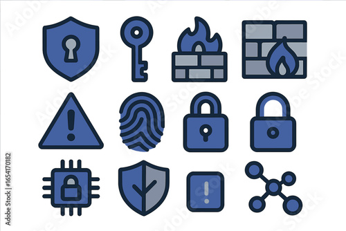 Digital security and privacy icons: shields, locks, keys, fingerprint, firewall, and warning signs on dark background
