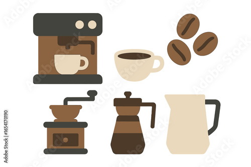 Stylized coffee making tools and ingredients: espresso machine, grinder, moka pot, cup, beans with warm glowing effect