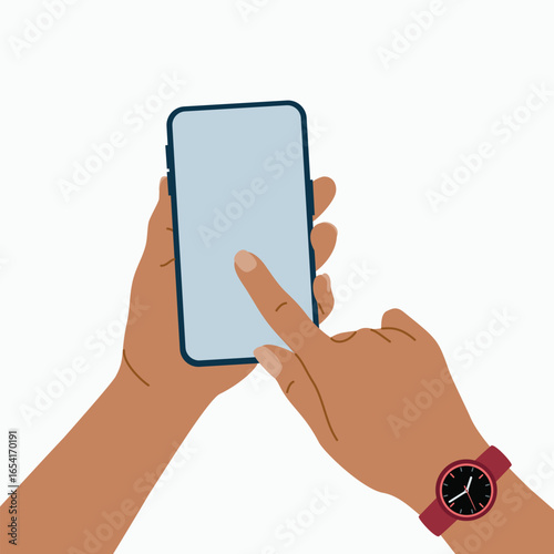 Hand holding mobile phone in vertical position and touching screen with finger. Using smartphone. Hand drawn vector illustration isolated on white background, flat cartoon style.