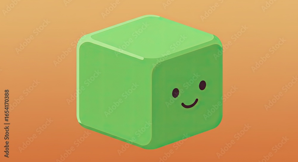 Obraz premium Smiling Green Cube on Orange Background, Cute Cartoon Character