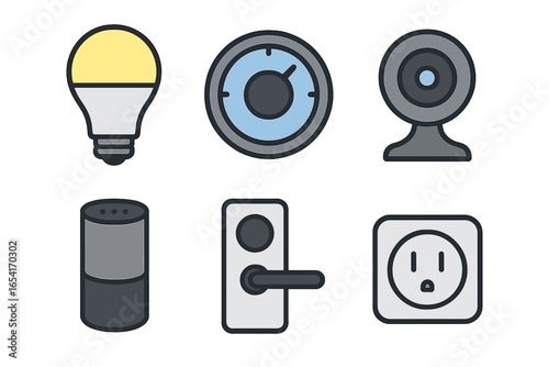 Smart home technology icons: light bulb, thermostat, webcam, speaker, lock, and outlet on dark background