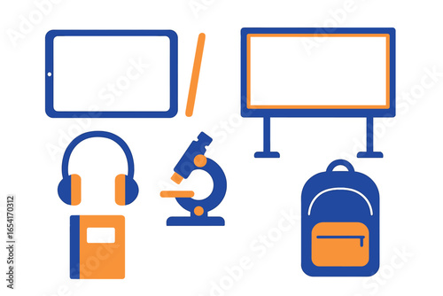 Educational and technological items with neon glow, including tablet, monitor, microscope, headphones, book, and backpack