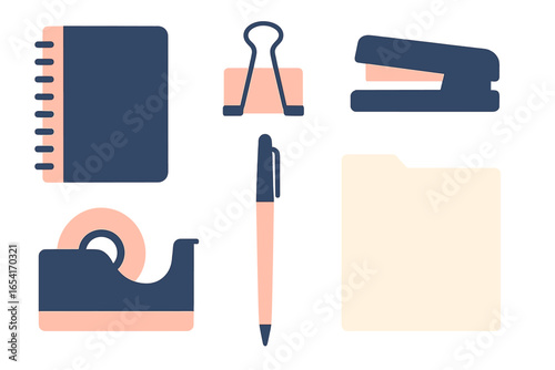 Glowing office supplies set: notebook, stapler, pen, tape dispenser, file folder on dark background