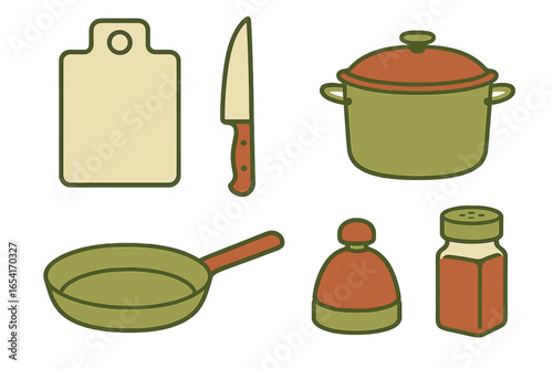 Stylized flat design kitchen utensils collection with a warm color palette and subtle glow effect