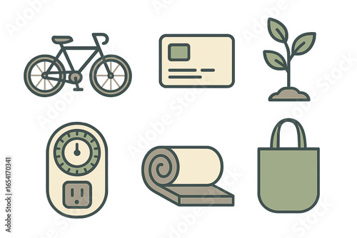 Six flat design icons for sustainable living, eco-friendly choices, and healthy lifestyle concepts