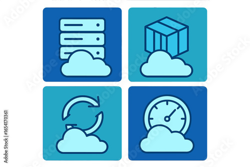 Modern flat design icons for cloud computing: data storage, delivery, synchronization, and performance monitoring