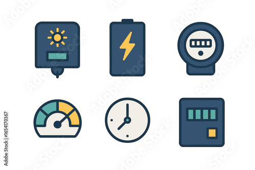 Modern flat design icons for energy, time, and measurement, stylized with vibrant colors on a dark background