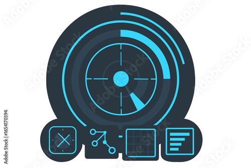 Futuristic digital interface with radar, data grid, and network icons, glowing blue on dark background