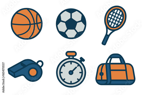 Stylized sports equipment icons: basketball, soccer ball, tennis racket, whistle, stopwatch, duffel bag on dark background