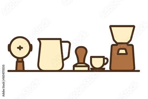 Minimalist flat design collection of essential coffee making equipment including portafilter, milk pitcher, tamper, espresso cup, and grinder