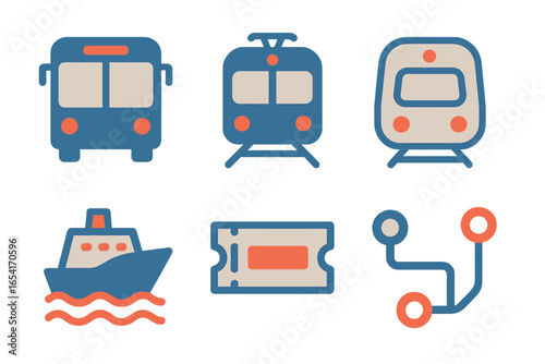 Stylized transportation icons: bus, train, ferry, ticket, and route map with glowing effects on gradient background