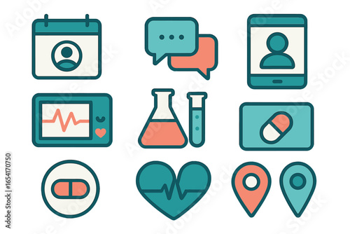Diverse medical and healthcare icons: calendar, chat, smartphone, heart rate, test tubes, pills, location pins