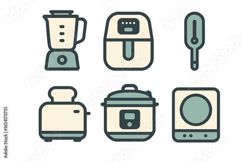 Stylized kitchen appliance icons: blender, air fryer, thermometer, toaster, pressure cooker, induction hob on dark background